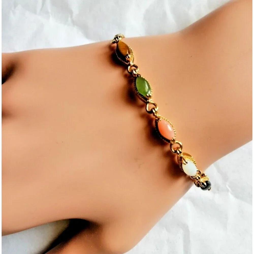 Vintage Glass Cabochon Beaded Gold Tone Bracelet 6.5